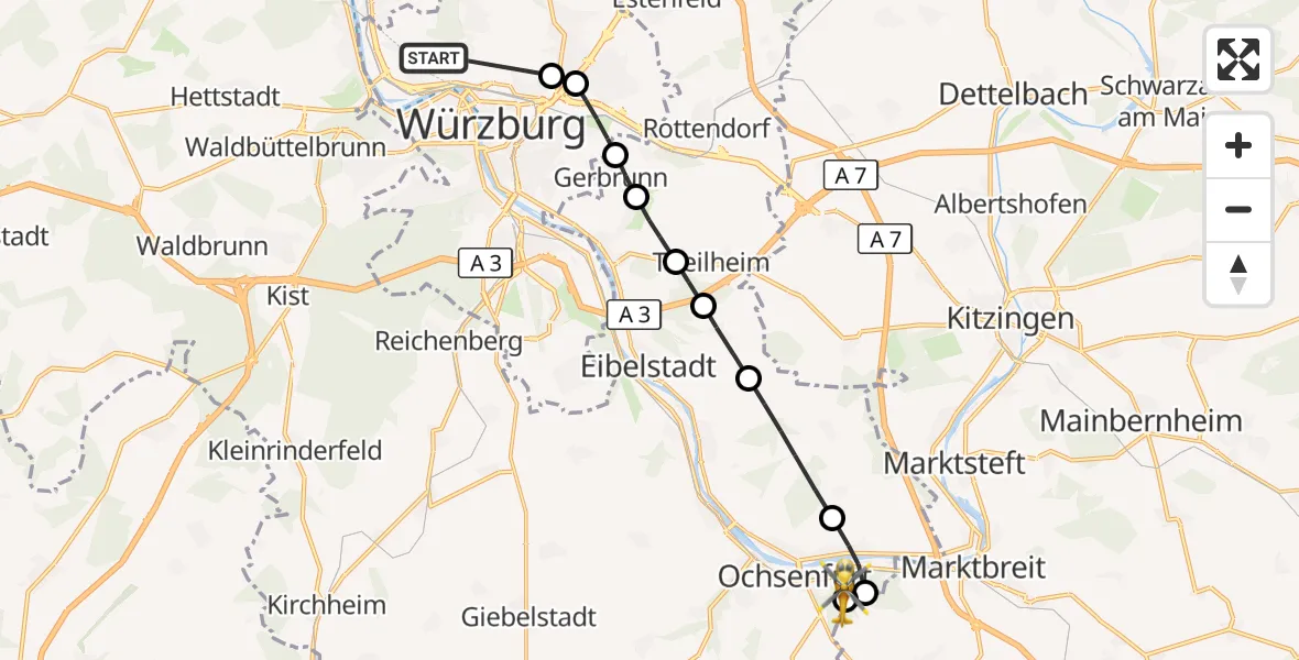 Flugroute Rettungshubschrauber Würzburg - Ochsenfurt Hospital, 14 August 2026, 14:38