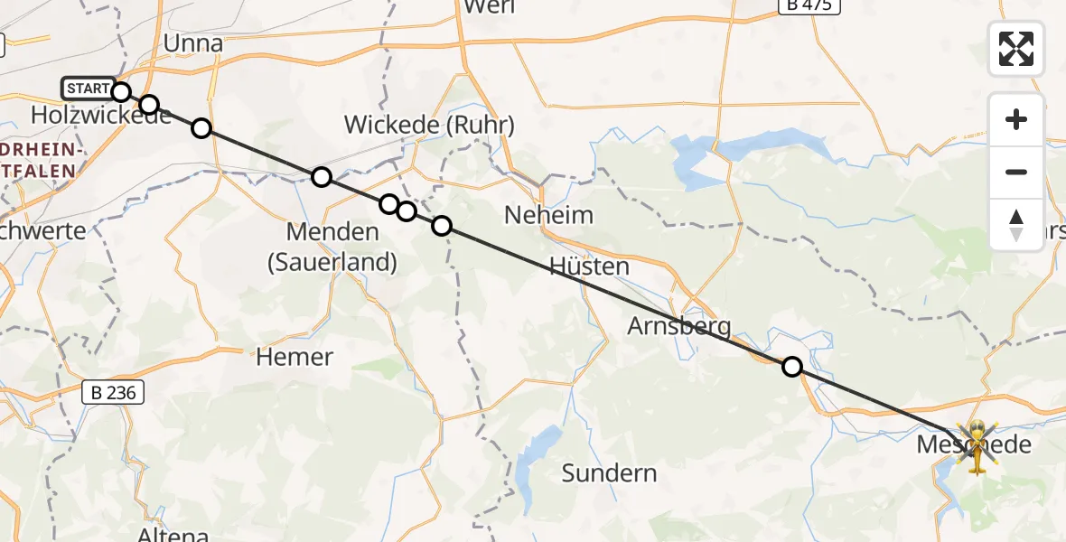 Flugroute Rettungshubschrauber Dortmund Flughafen - Meschede, 14 August 2026, 14:39