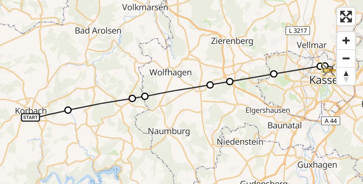 Flugroute Rettungshubschrauber Korbach - Kassel, 14 August 2026, 14:44