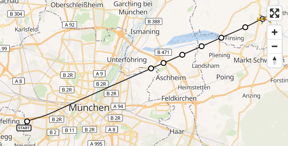 Flugroute Rettungshubschrauber DRF Air Rescue München Hubschrauberlandeplatz - Wörth, 14 August 2026, 14:47