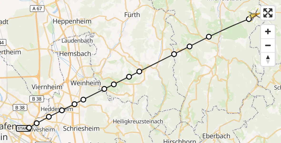 Flugroute Rettungshubschrauber Mannheim-City Flughafen - Michelstadt, 14 August 2026, 14:51