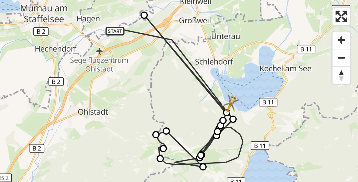 Flugroute Rettungshubschrauber Großweil - Schlehdorf, 14 August 2026, 14:51