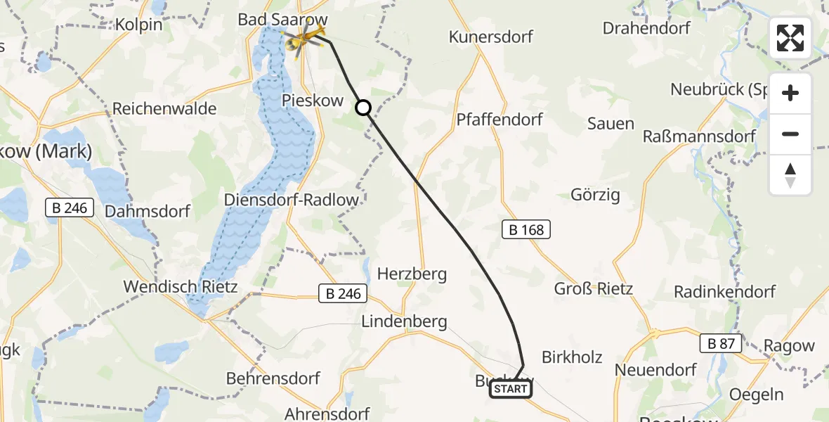 Flugroute Rettungshubschrauber Rietz-Neuendorf - Bad Saarow Hospital Hubschrauberlandeplatz, 14 August 2026, 14:54