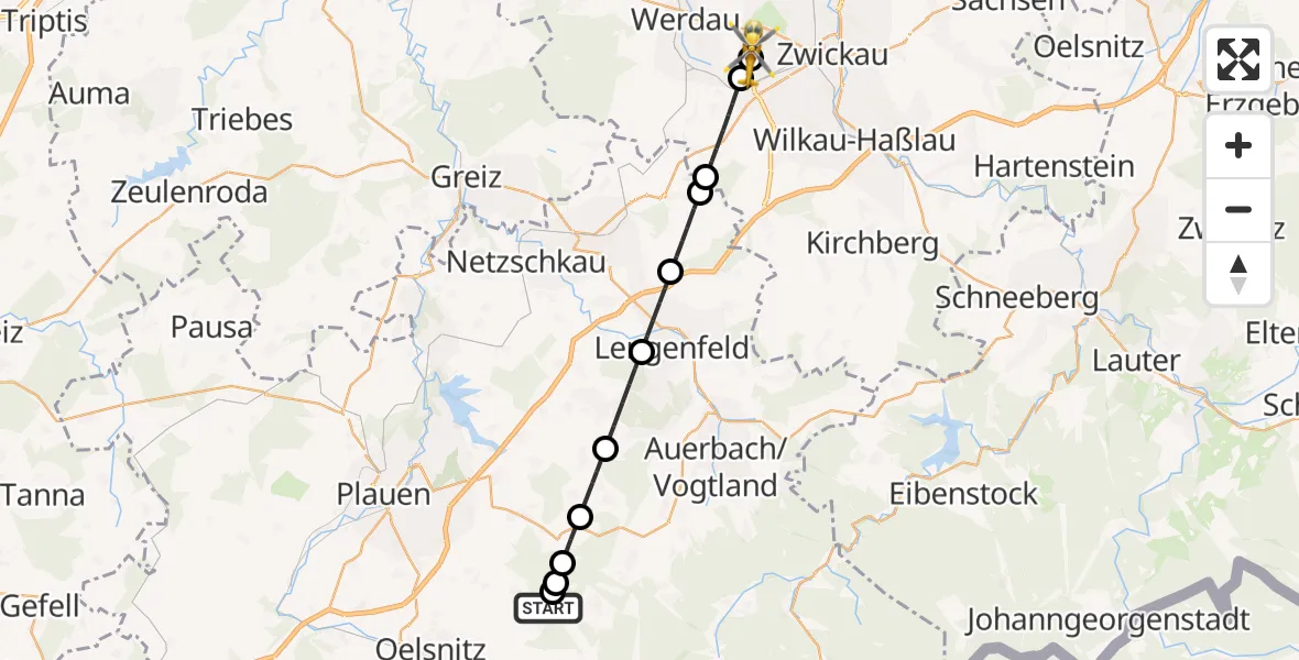 Flugroute Rettungshubschrauber Tirpersdorf - ADAC Air Rescue Station Zwickau Hubschrauberlandeplatz, 14 August 2026, 14:57