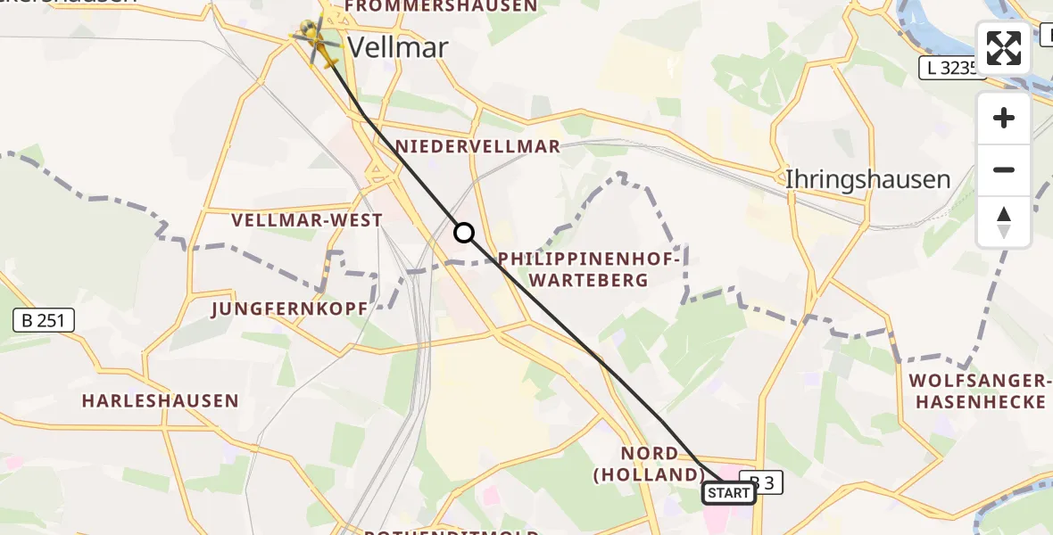 Flugroute Rettungshubschrauber Kassel - Vellmar, 14 August 2026, 15:03