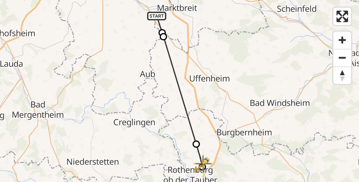 Flugroute Rettungshubschrauber Marktbreit - Rothenburg ob der Tauber, 14 August 2026, 15:04