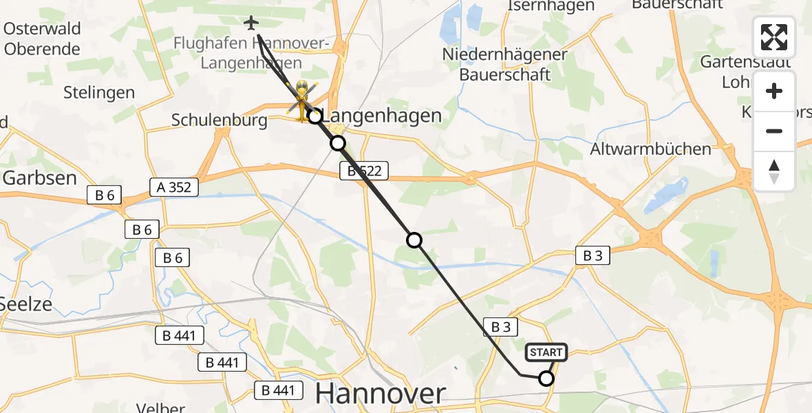 Flugroute Rettungshubschrauber Hannover Luftrettung Hubschrauberlandeplatz (Christoph 4) - Flughafen Hannover, 14 August 2026, 15:12