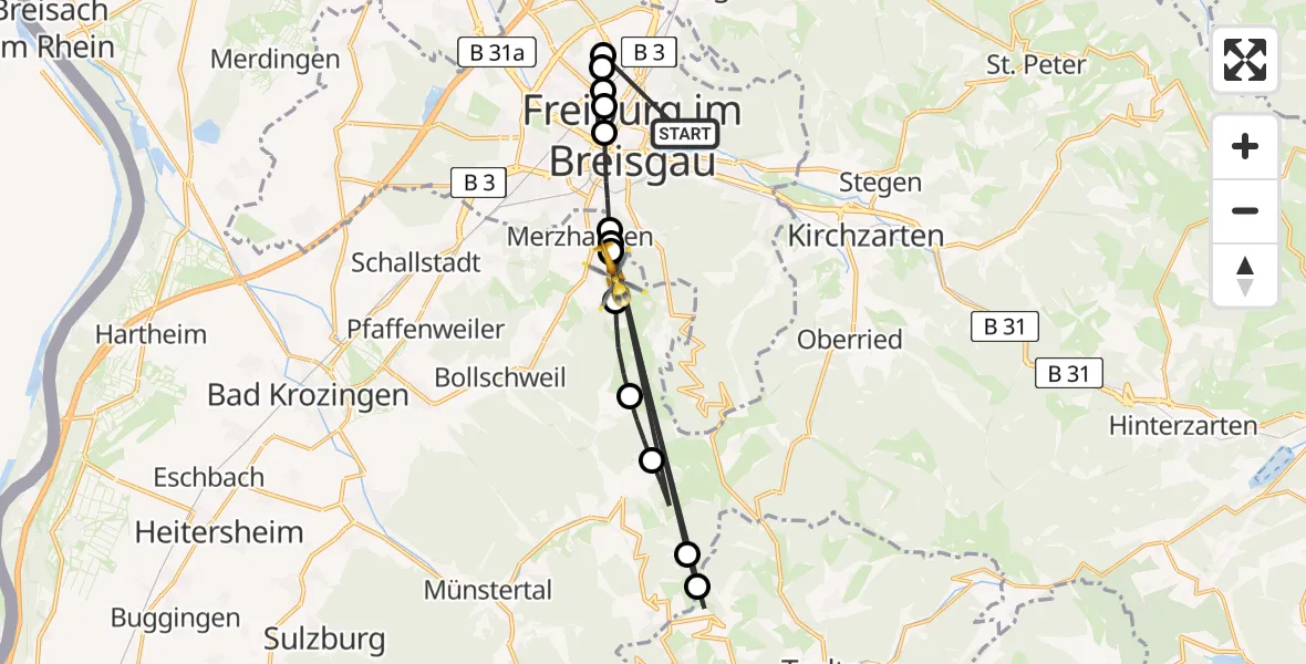 Flugroute Ambulanzhubschrauber Freiburg im Breisgau - Au, 14 August 2026, 15:19