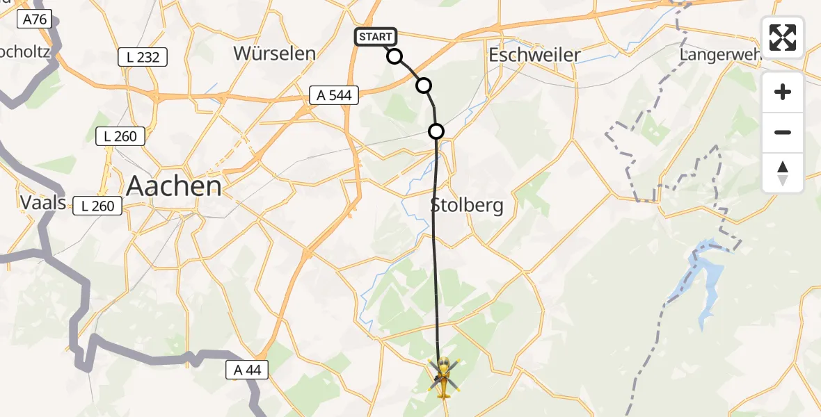 Flugroute Rettungshubschrauber Aachen-Merzbrück Flughafen - Stolberg (Rhld.), 14 August 2026, 15:19