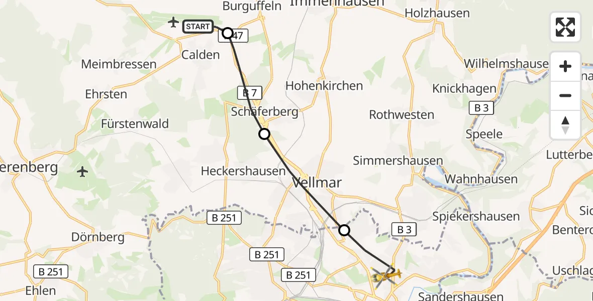 Flugroute Rettungshubschrauber Kassel Flughafen - Kassel, 14 August 2026, 15:22