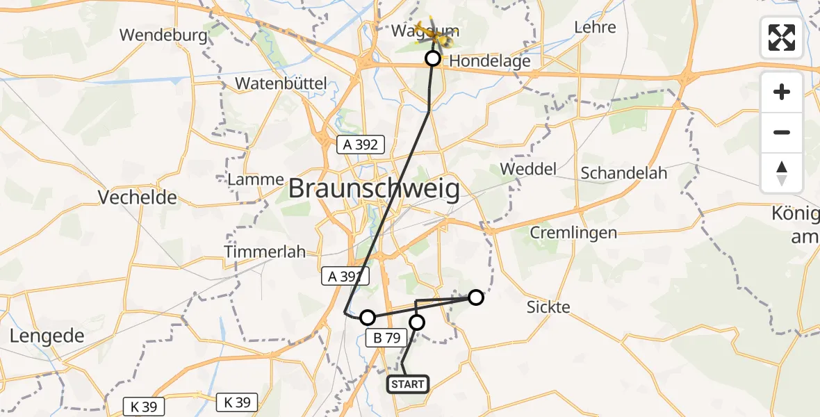 Flugroute Rettungshubschrauber Wolfenbüttel - Braunschweig-Wolfsburg Flughafen, 14 August 2026, 15:26