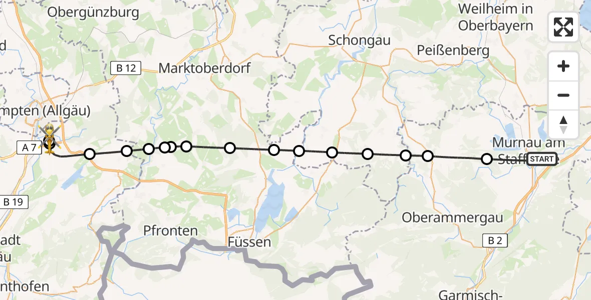 Flugroute Rettungshubschrauber Murnau a.Staffelsee - Kempten-Durach Flugplatz, 14 August 2026, 15:28