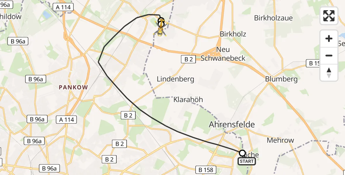 Flugroute Rettungshubschrauber Ahrensfelde - Helios Clinic Berlin-Buch, 14 August 2026, 15:36