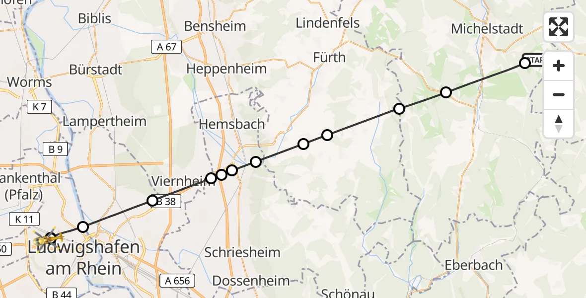 Flugroute Rettungshubschrauber Michelstadt - Ludwigshafen Accident Hospital, 14 August 2026, 15:42