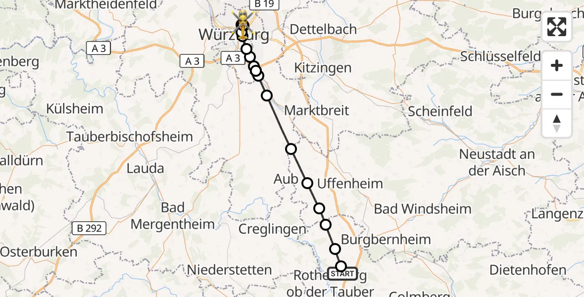 Flugroute Rettungshubschrauber Rothenburg ob der Tauber - Würzburg University Hospital Straubmühlweg, 14 August 2026, 15:44