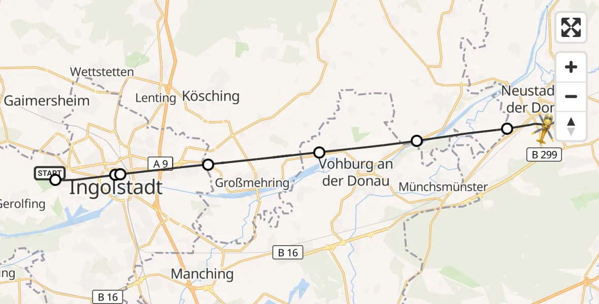Flugroute Rettungshubschrauber Ingolstadt Hospital - Neustadt a.d.Donau, 14 August 2026, 15:49
