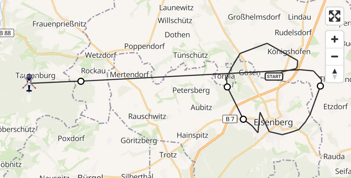 Flugroute Polizeihubschrauber Heideland - Tautenburg, 14 August 2026, 15:50