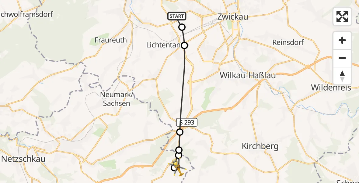 Flugroute Rettungshubschrauber ADAC Air Rescue Station Zwickau Hubschrauberlandeplatz - Lengenfeld, 14 August 2026, 15:53