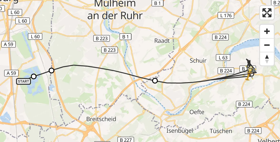 Flugroute Rettungshubschrauber Duisburg Air Rescue Hubschrauberlandeplatz (Christoph 9) - Essen, 14 August 2026, 15:56