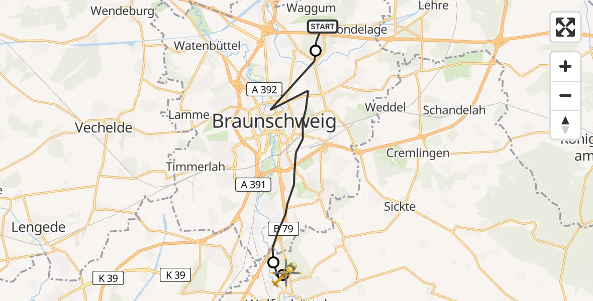 Flugroute Rettungshubschrauber Braunschweig-Wolfsburg Flughafen - Wolfenbüttel Municipal Hospital Heliport (Christoph 30), 14 August 2026, 15:56