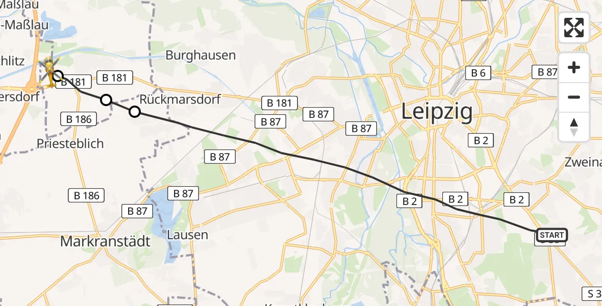 Flugroute Rettungshubschrauber Leipzig - ADAC Air Rescue Station Leipzig/Schkeuditz-Dölzig Hubschrauberlandeplatz (Christoph 61), 14 August 2026, 15:57