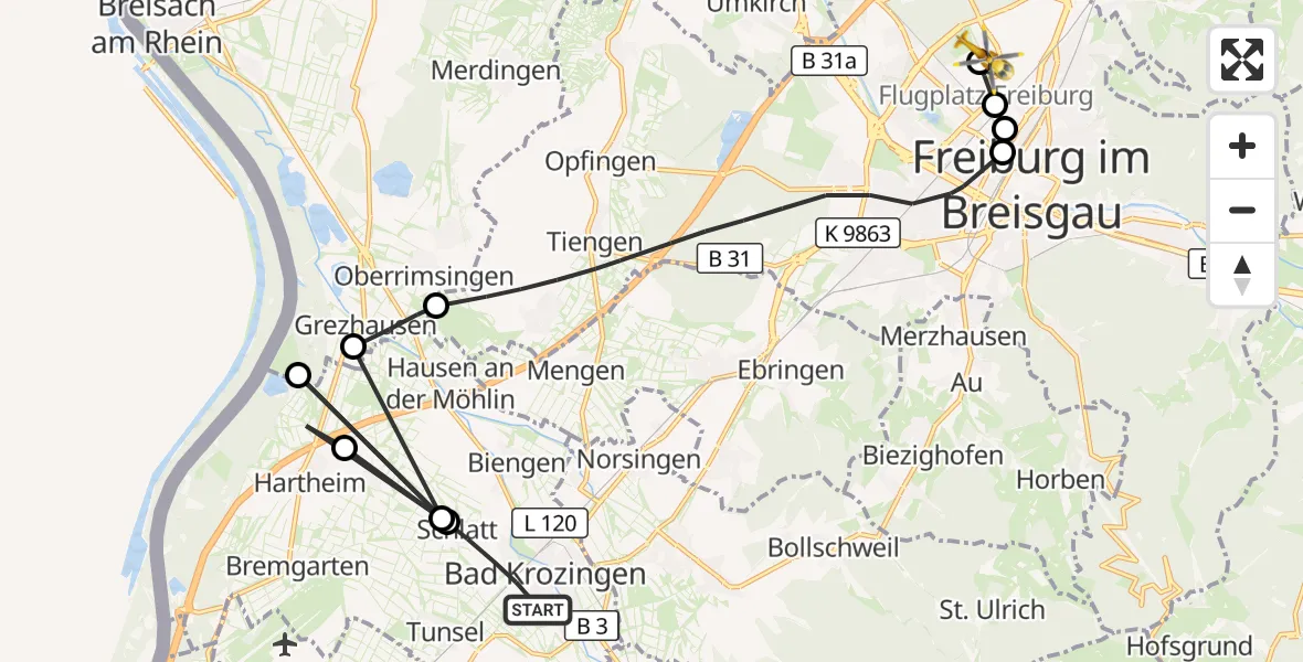 Flugroute Rettungshubschrauber Bad Krozingen - Freiburg im Breisgau Flugplatz, 14 August 2026, 15:58