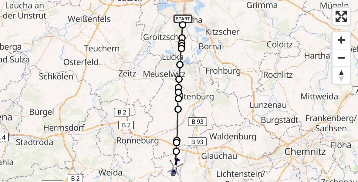 Flugroute Polizeihubschrauber Böhlen - Neukirchen/Pleiße, 14 August 2026, 16:00