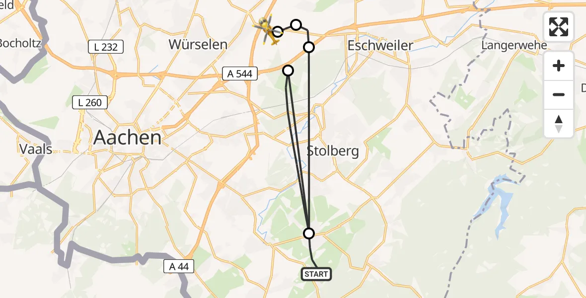 Flugroute Rettungshubschrauber Stolberg (Rhld.) - Aachen-Merzbrück Flughafen, 14 August 2026, 16:04