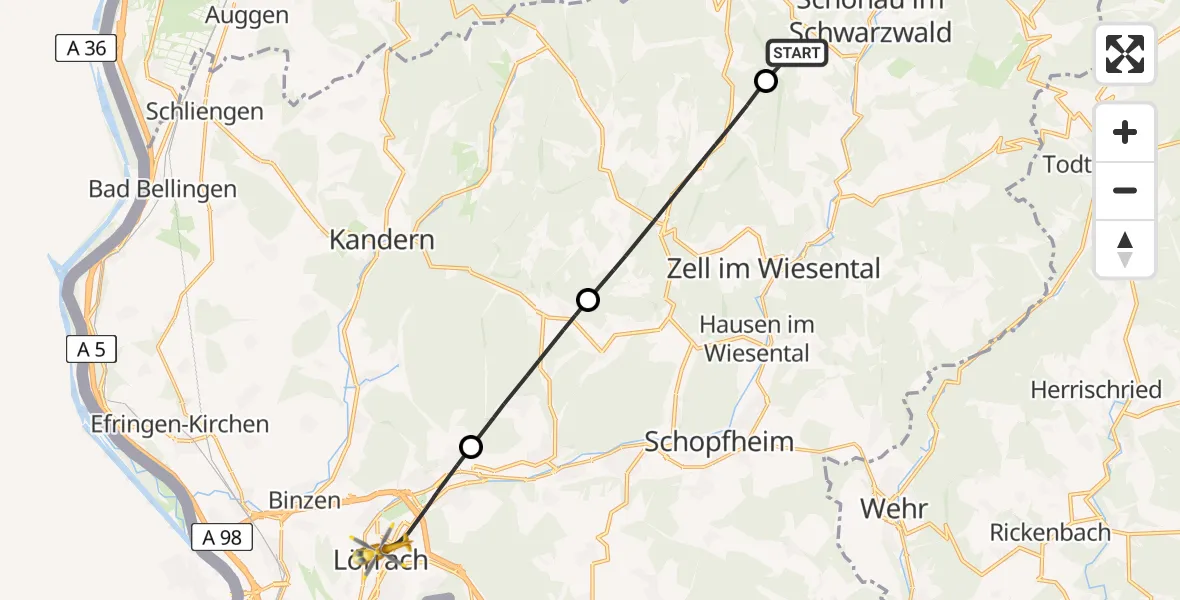Flugroute Ambulanzhubschrauber Fröhnd - Lörrach, 14 August 2026, 16:05