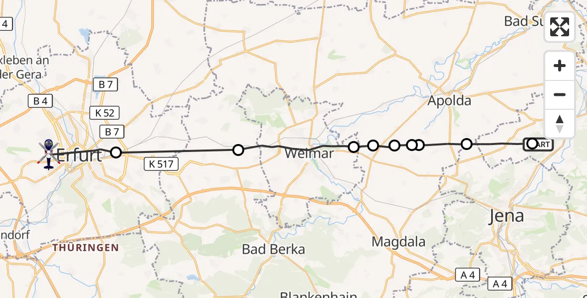 Flugroute Polizeihubschrauber Hainichen - Erfurt, 14 August 2026, 16:05