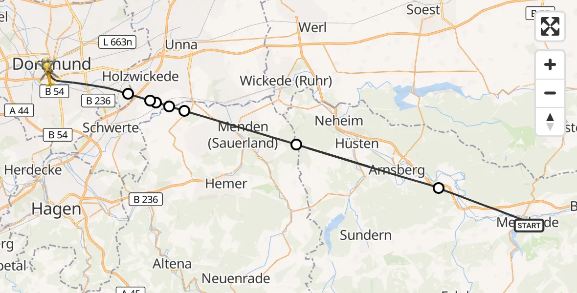 Flugroute Rettungshubschrauber Meschede - Dortmund, 14 August 2026, 16:05