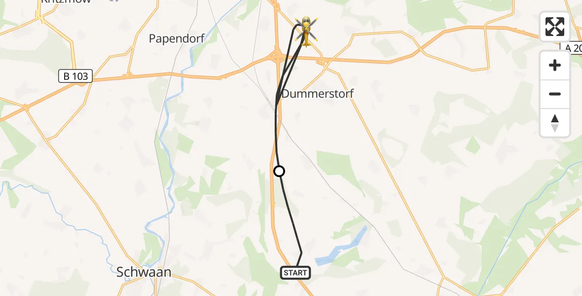 Flugroute Ambulanzhubschrauber Dolgen am See - Dummerstorf, 14 August 2026, 16:07