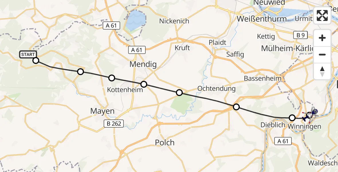 Flugroute Polizeihubschrauber Langscheid - Koblenz-Winningen Flugplatz, 14 August 2026, 16:08