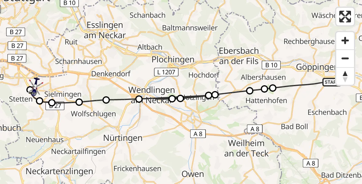 Flugroute Polizeihubschrauber Göppingen - Flughafen Stuttgart, 14 August 2026, 16:08