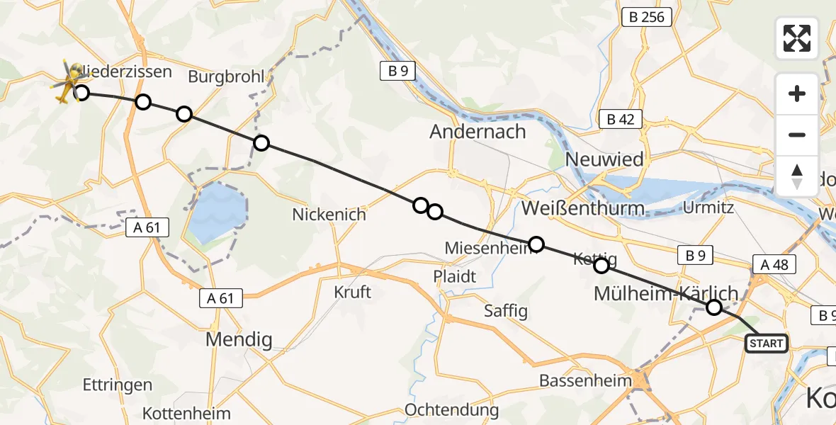 Flugroute Rettungshubschrauber Koblenz - Oberzissen, 14 August 2026, 16:10