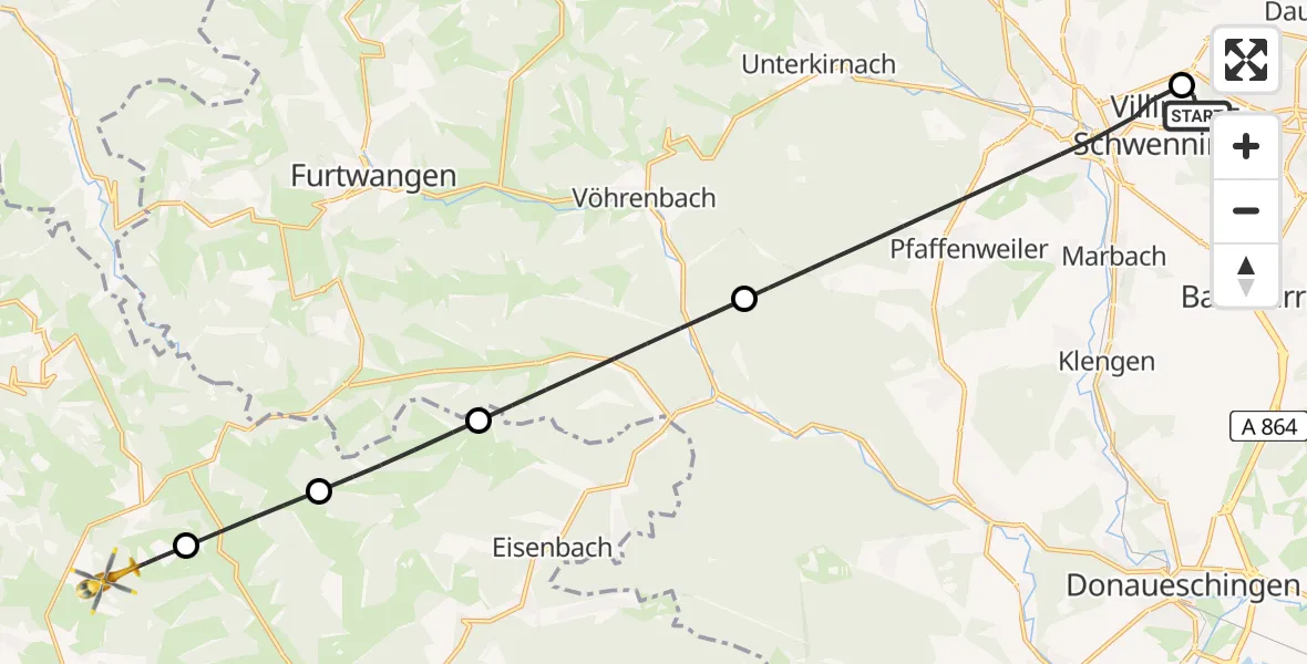 Flugroute Ambulanzhubschrauber DRF Air Rescue Station Villingen-Schwenningen Hubschrauberlandeplatz (Christoph 11) - Breitnau, 14 August 2026, 16:11
