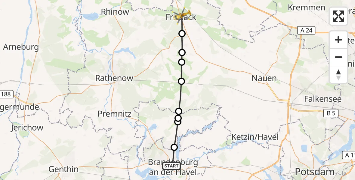 Flugroute Rettungshubschrauber Brandenburg an der Havel - Friesack, 14 August 2026, 16:14