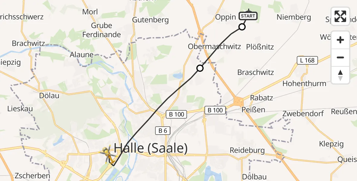 Flugroute Rettungshubschrauber Halle-Oppin Flugplatz - Halle (Saale), 14 August 2026, 16:22