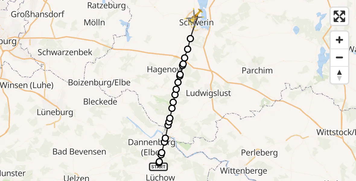 Flugroute Rettungshubschrauber Lüchow-Rehbeck Flugplatz - Schwerin, 14 August 2026, 16:22