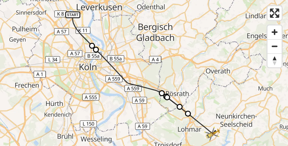 Flugroute Rettungshubschrauber Köln - Lohmar, 14 August 2026, 16:29