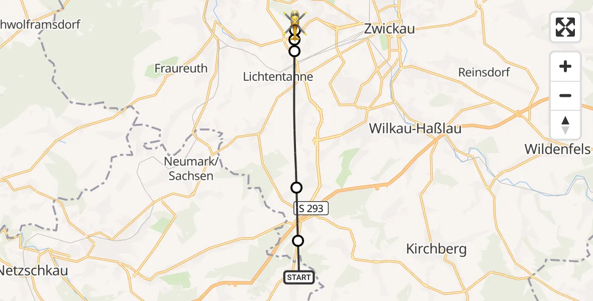 Flugroute Rettungshubschrauber Lengenfeld - ADAC Air Rescue Station Zwickau Hubschrauberlandeplatz, 14 August 2026, 16:32