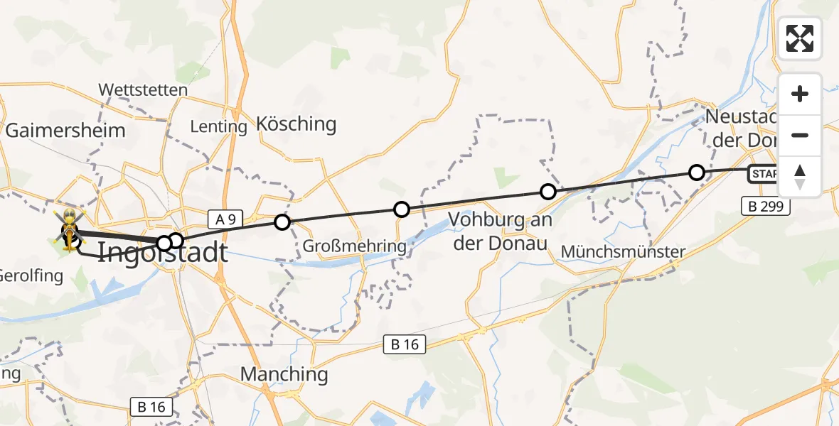 Flugroute Rettungshubschrauber Neustadt a.d.Donau - Ingolstadt Hospital, 14 August 2026, 16:35