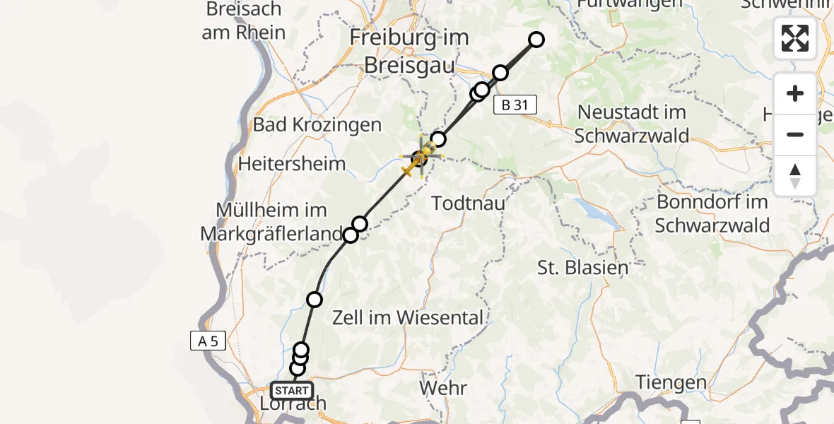 Flugroute Ambulanzhubschrauber Lörrach - Münstertal/Schwarzwald, 14 August 2026, 16:37
