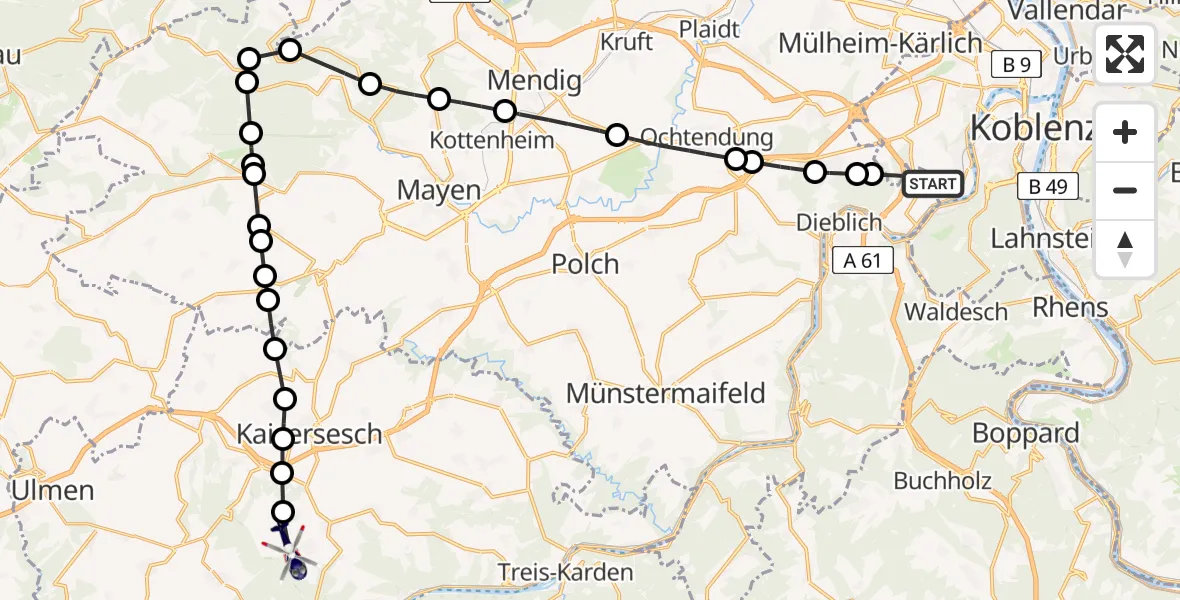 Flugroute Polizeihubschrauber Winningen - Greimersburg, 14 August 2026, 16:37