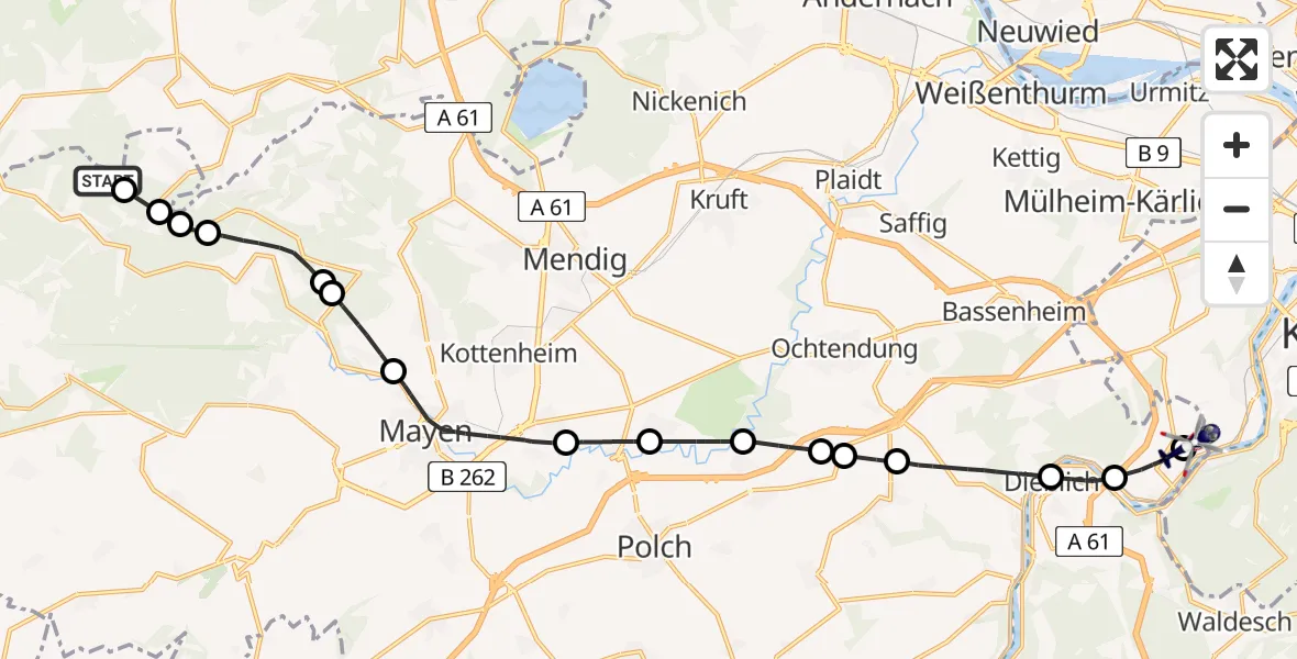 Flugroute Polizeihubschrauber Arft - Koblenz-Winningen Flugplatz, 14 August 2026, 16:43