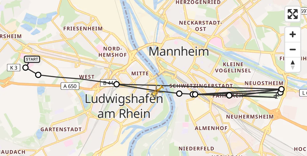 Flugroute Rettungshubschrauber Ludwigshafen Accident Hospital - Ludwigshafen am Rhein, 14 August 2026, 16:48