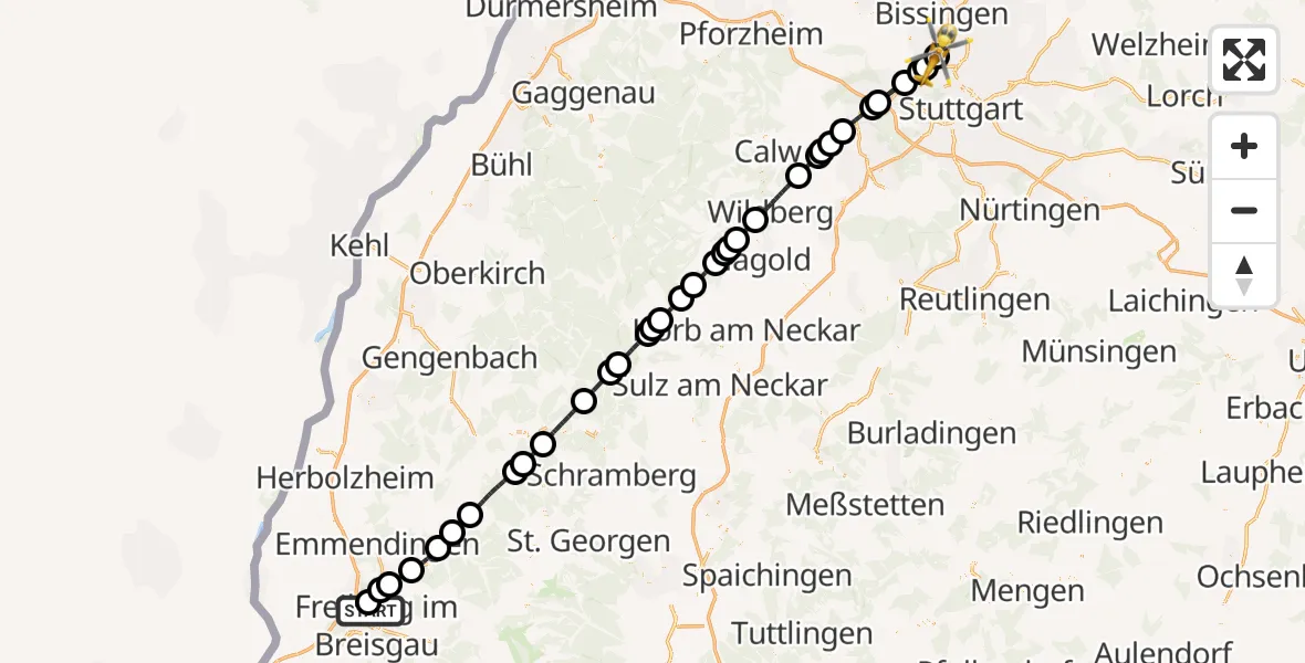 Flugroute Rettungshubschrauber Freiburg im Breisgau Flugplatz - Korntal-Münchingen, 14 August 2026, 16:48