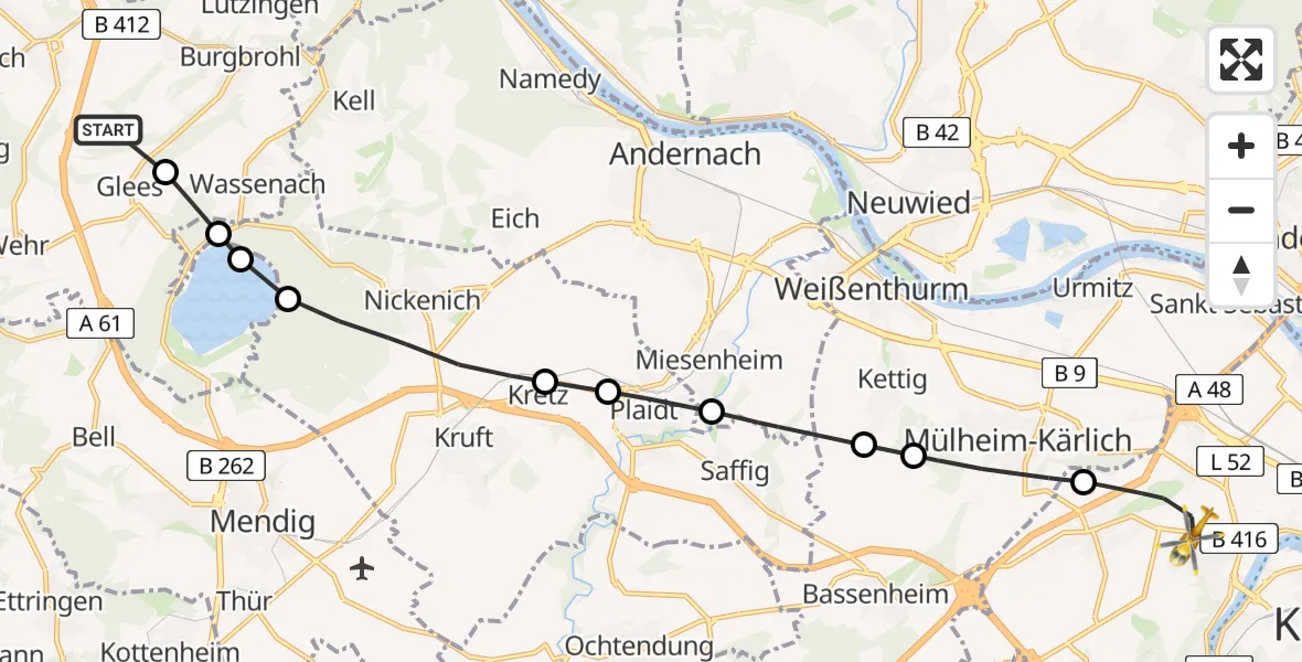 Flugroute Rettungshubschrauber Niederzissen - Koblenz, 14 August 2026, 16:48