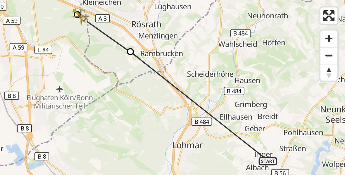 Flugroute Rettungshubschrauber Lohmar - Köln, 14 August 2026, 16:49