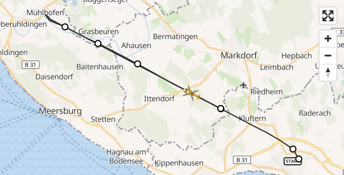 Flugroute Rettungshubschrauber Friedrichshafen Hospital - Markdorf, 14 August 2026, 16:51